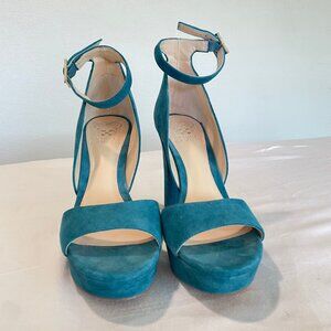 Vince Camuto Teal/Turquoise Suede Platform Heels Open Toe, Size 8
